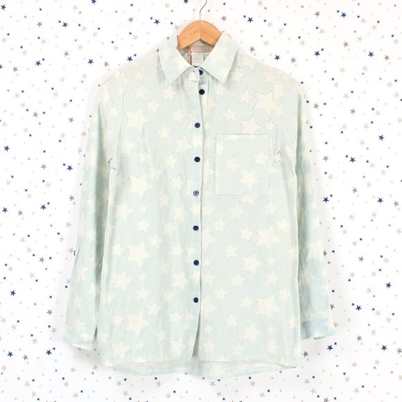 Star Pattern Distressed Button Up Denim Shirt - Picture 1 of 13